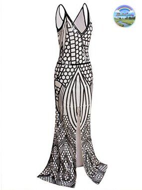 Vijiv Long Slit Prom Dress V Neck Sequin Mermaid Bridesmaid Evening Dress